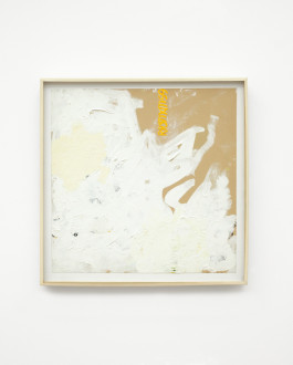 Square framed painting with thick, textured white paint and a tan upper right corner, with 