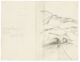 A horizontally oriented page with some scribbled text on the left side and sketched abstract forms drawn on the right side in pencil.