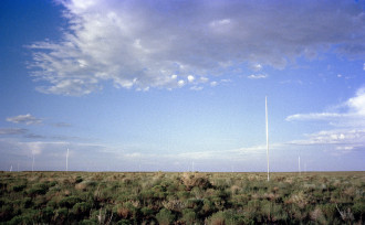 Several tall metal poles are vertically placed around a vegetative desert landscape with a blue sky.