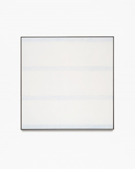 Square, white, framed painting with four evenly spaced, horizontal, light blue stripes.