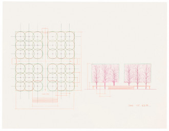 A blueprint illustrates an aerial view of a rectangular deck on the left and a frontal view of a tree-lined courtyard on the right.
