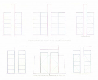 A blueprint illustrates various rectangular forms representing elevators, windows, doors, and fire exits.
