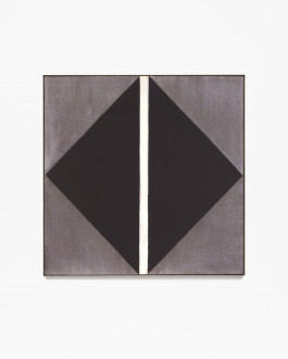 A central black diamond on a metallic-brown background is interrupted by a vertical white stripe in this framed square painting.
