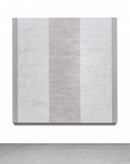 A square, luminescent painting includes a central, vertical band of light gray next to two vertical bands of white with thin, vertical stripes of gray along the painting's left and right edges.