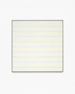 Square, framed painting with thin, horizontal, bluish-white stripes alternating with thick, pale-yellow bands.