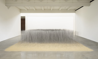 Thousands of tightly arranged, thin steel rods stand upright in a bed of sand on a concrete floor surrounded by three white walls.