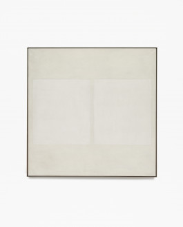 Square, beige, framed painting with two vertical, lighter rectangles at center.