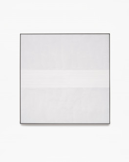Square, gray, framed painting with six thin, horizontal, white, centered lines.