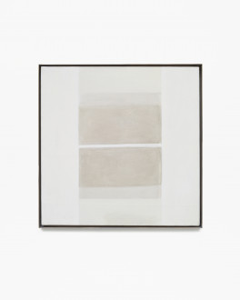 Square, gray, framed painting with two mirrored squares at center, with horizontal bands of brown, light brown, and beige.