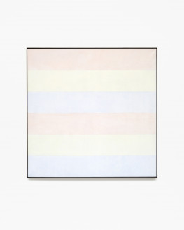 Square, framed painting with six alternating horizontal stripes of light pink, pale yellow, and light blue.