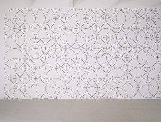 A large mural on a white wall of overlapping, black outlined circles.