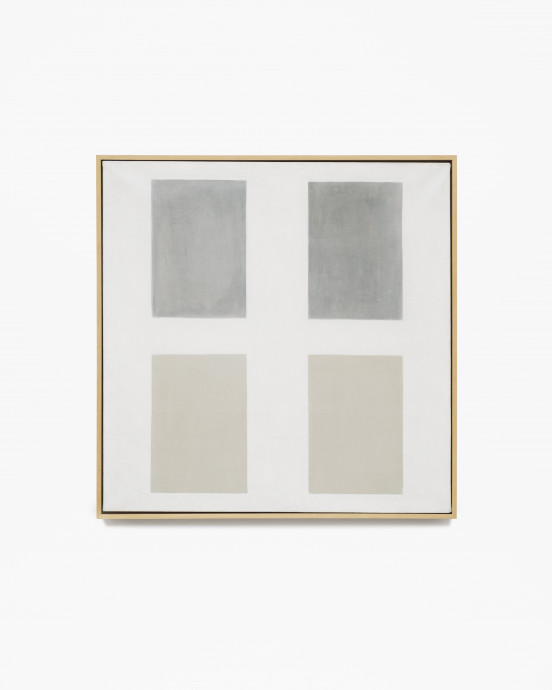 Square, white, framed painting with two rectangular, dark-gray shapes hovering above two rectangular, beige shapes.